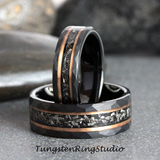 Meteorite Rose Gold Strip Hammered Tungsten Carbide Ring