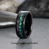 Meteorite and Blue Opal Hammered Tungsten Ring