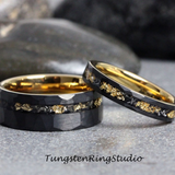 Meteorite Gold Leaf Black Hammered Tungsten Ring Set