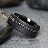 Meteorite with Guitar String Sandblasted Black Tungsten Ring 8 mm