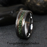 Moss Agate Rose Gold Accent Silver Hammered Tungsten Ring