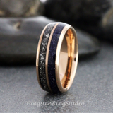 Meteorite Nebula Blue Sandstone Rose Gold Tungsten Ring Set