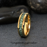 Moss Agate Yellow Gold Beveled Tungsten Ring 4mm 6mm 8mm