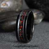 Meteorite Red Dinosaur Bone White Gold Strip Tungsten Ring