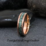 Moss Agate Hammered Rose Gold Tungsten Ring 4mm 6mm 8mm