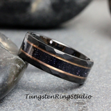 Nebula Blue Sandstone Rose Strip Hammered Tungsten Ring