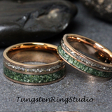 Moss Agate and German Glass Rose Gold Tungsten Ring