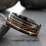 Meteorite Red Dinosaur Bone Yellow Gold Strip Hammered Tungsten Ring