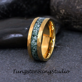 Moss Agate Hammered Yellow Gold Tungsten Ring 4mm 6mm 8mm