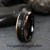 Meteorite Black Bevel Rose Gold Edges Tungsten Carbide Ring