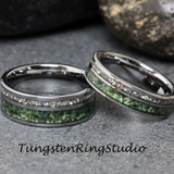 Moss Agate Silver Glass Tungsten Ring Set