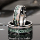 Moss Agate White Opal Tungsten Ring Set