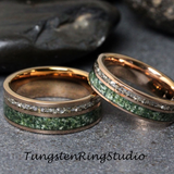 Moss Agate and German Glass Rose Gold Tungsten Ring