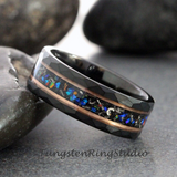 Meteorite Crushed Galaxy Opal Rose Gold Strip Hammered Tungsten Ring