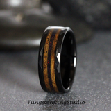 Black Opal and Dark Wood Burnt Whiskey Barrel Hammered Tungsten Carbide ring