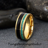 Black wood and Opal Yellow Gold Tungsten Carbide Ring