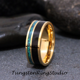 Black wood and Opal Yellow Gold Tungsten Carbide Ring