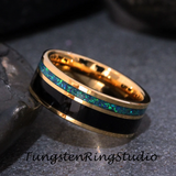 Black wood and Opal Yellow Gold Tungsten Carbide Ring