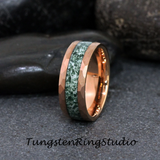 Moss Agate Hammered Rose Gold Tungsten Ring 4mm 6mm 8mm