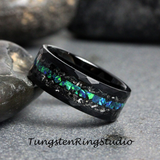 Meteorite and Blue Opal Hammered Tungsten Ring