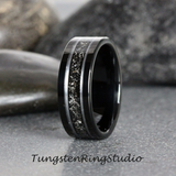 Meteorite White Gold Strip Black Tungsten Carbide Ring