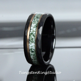 Moss Agate Rose Gold Accent Black Hammered Tungsten Ring 6mm 8 mm