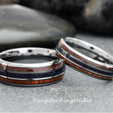 Blue Stone Nebula Koa Wood Silver Gray Tungsten Ring Set