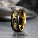 Gold Leaf Meteorite Hammered Tungsten Ring 6mm 8mm