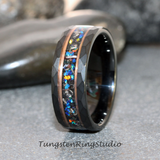 Meteorite Crushed Galaxy Opal Rose Gold Strip Hammered Tungsten Ring