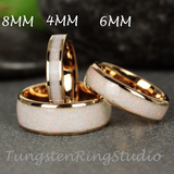 Crushed Fire Snow White Opal Rose Gold Tungsten Ring Set