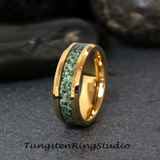 Moss Agate Yellow Gold Beveled Tungsten Ring 4mm 6mm 8mm