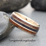 Nebula Blue Sandstone Koa Wood Rose Gold Tungsten Ring