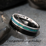 Black wood and Opal Tungsten Carbide Ring