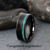 Black Wood and Blue Opal Tungsten Carbide Ring