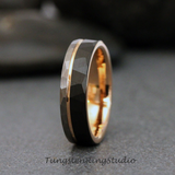 Rose Gold Accent Black and Silver Hammered Tungsten Ring 6 mm 8 mm