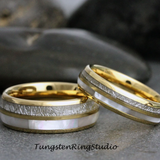 Meteorite Mother of Pearl Yellow Gold Tungsten Ring Set