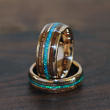 Crushed Opal Koa Wood Rose Gold Tungsten Ring Set