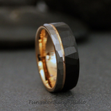 Rose Gold Accent Black and Silver Hammered Tungsten Ring 6 mm 8 mm