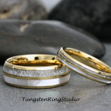 Meteorite Mother of Pearl Yellow Gold Tungsten Ring Set