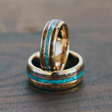 Crushed Opal Koa Wood Rose Gold Tungsten Ring Set