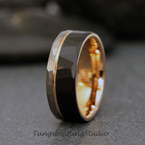 Rose Gold Accent Black and Silver Hammered Tungsten Ring 6 mm 8 mm