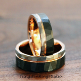 Rose Gold Accent Black and Silver Hammered Tungsten Ring 6 mm 8 mm