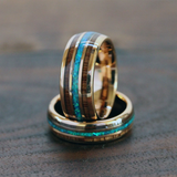 Crushed Opal Koa Wood Rose Gold Tungsten Ring Set