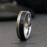 Black and Silver Gray Hammered Tungsten Carbide Ring 6 m 8 mm