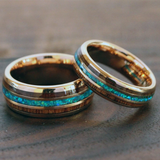 Crushed Opal Koa Wood Rose Gold Tungsten Ring Set