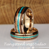 Crushed Opal Koa Wood Rose Gold Tungsten Ring Set