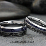 Meteorite Nebula Blue Sandstone Tungsten Ring Set