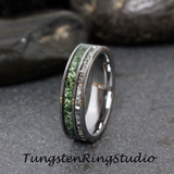 Moss Agate Silver Glass Tungsten Ring Set