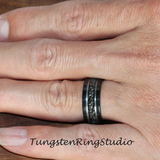 Meteorite White Gold Strip Black Tungsten Carbide Ring