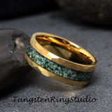 Moss Agate Hammered Yellow Tungsten Ring 4mm 6mm 8mm